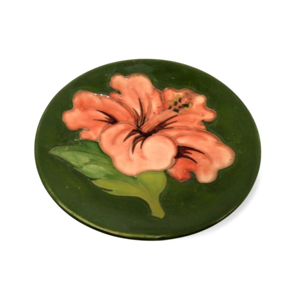 MOORCROFT England Hibiscus Pattern DISH Floral Green and Pink England Vintage
